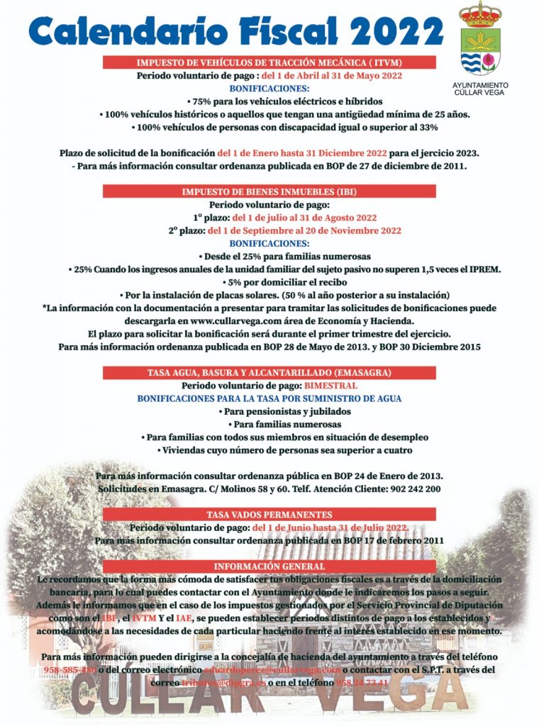 CALENDARIO FISCAL 2022 - Ayuntamiento de Cúllar Vega
