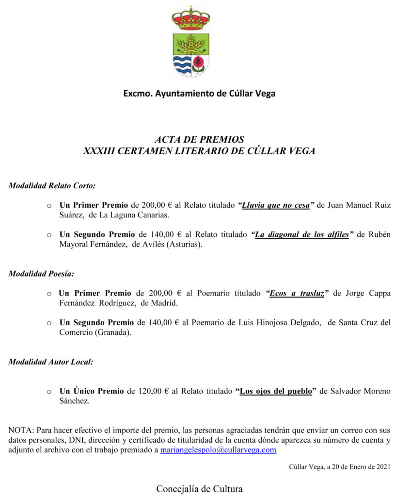 Premiados del XXXIV Certamen Literario de Cúllar Vega